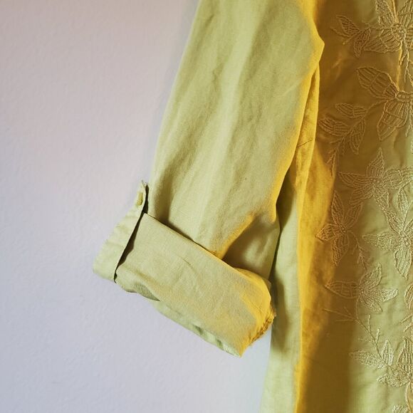 Tweeds Women’s Medium Light Green Button Front Shirt 100% Linen Embroidered - Picture 7 of 12